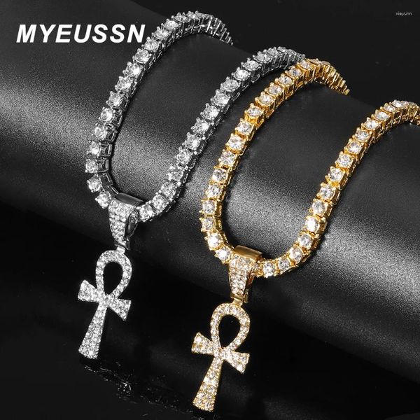 Catene lucenti egitto ankh incantesimi uomini incrociate la corda a sospensione la chiave della vita bling bling ghiacciata collana di strass collana hip hop jeyplion women