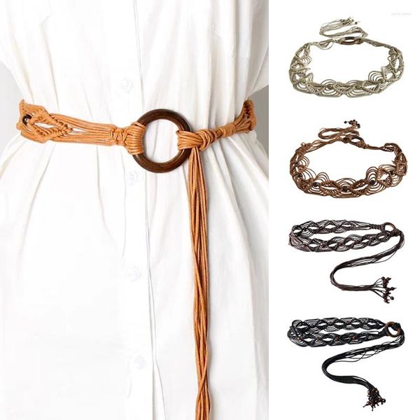 Cintos vestido bohemiano para mulheres esbeltas de cera de cinto de cintura tecedora corda com borlas com chapas com tassels artesanais