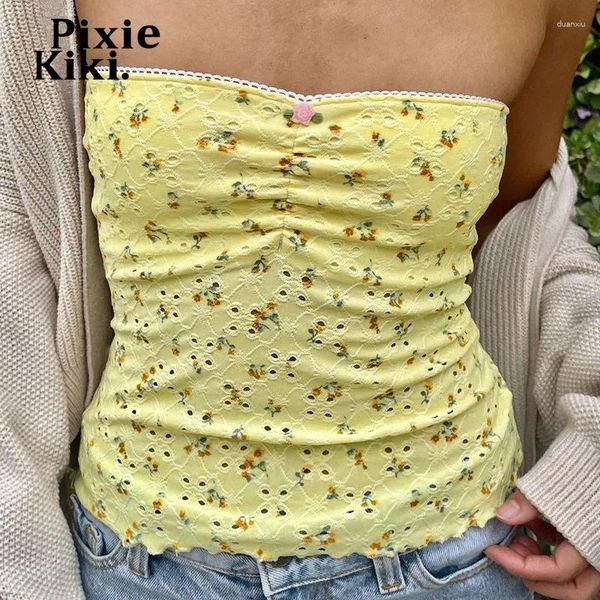 Tanques femininos Pixiekiki impressão floral Tubo amarelo TOP GIRLY Y2K CUTECORE DOME