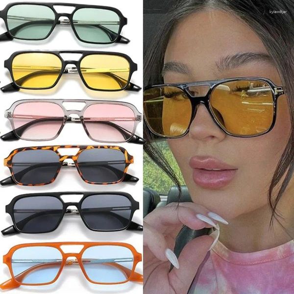 Óculos de sol Retro Bridges Double Square Woman Brand Designer Fashion Sun Glasses Shades Ladies Blue Mirror Driving Eyewear