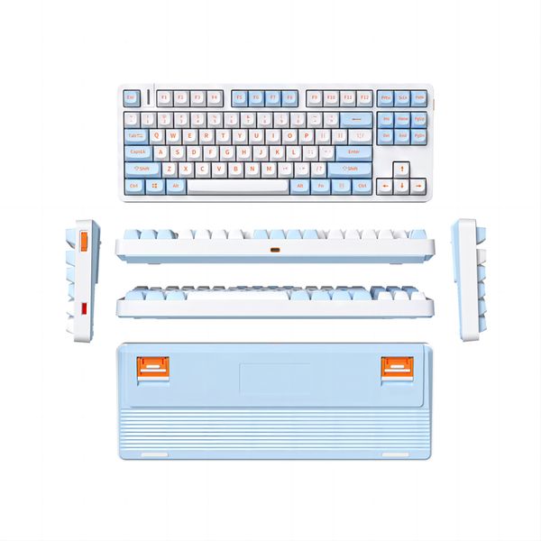 Teclado com fio de junta G87 87 Chaves Hot Swappable Diy sem fio BT Mini lateral gravado Noah eixo prateado Modo único Teclado de jogo branco de jogo branco