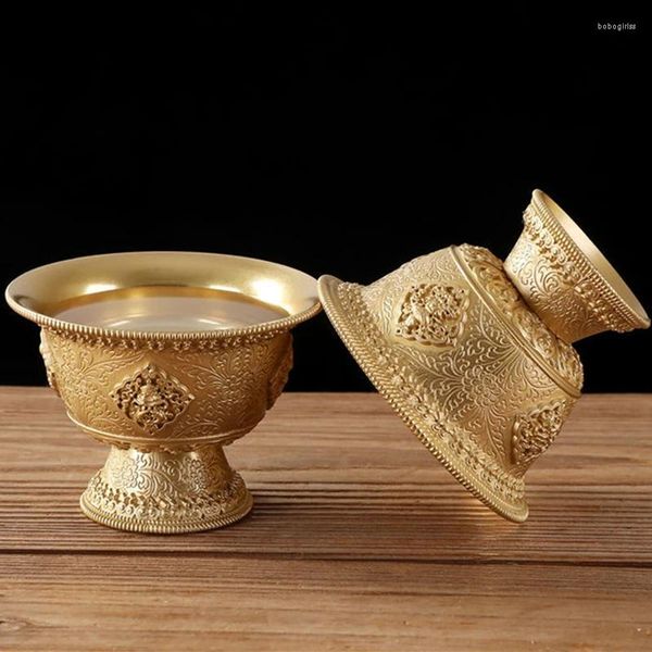 Figurine decorative Incisione in ottone Buddhismo mini tazza di acqua sacra artigianato ardente di auspicio tibetano 7,5 cm Buddha ciotola alta ars interno desktop desktop