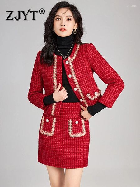 Abiti da lavoro Zjyt inverno tweed woolen mini gonna abito 2 pezzi per donne in outfit ufficio lady maniche lunghe set di abiti rossi natalizi