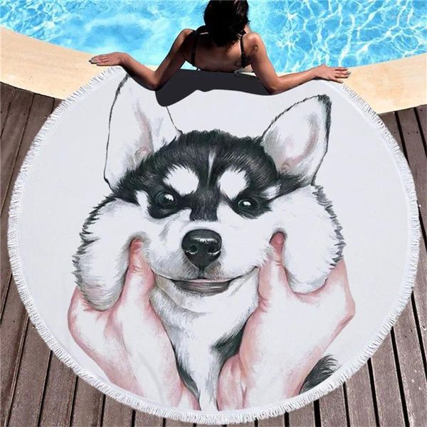 Toalha adorável desenho animado banho husky pano de seca rápida para crianças Animal Alaskan Round Round Round Beach Yoga Mat