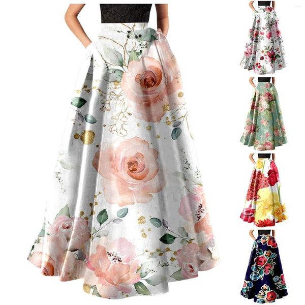 SAIRS MULHERES PRIMEIRAS FLORAIS BOHEMIANAS MAXI SAIR HIGH CAIS POCKET POCKET Party Beach Summer Summer Casual Vestres para roupão elegante