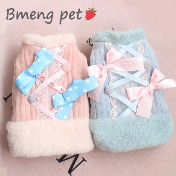 Hundekleidung Kleidung für kleine Hunde Winter warme Baumwollpolsterte zwei Beine süße Katzenkleidung Ribbon Bowknot Ladies Haustier Kostüm