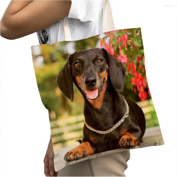 Bolsas de compras Mini Dachshund Dog Women Canvas Lady Tote Bolsa Bolsa Bola de Pet Pet Pet Petter Casual Big Capacity