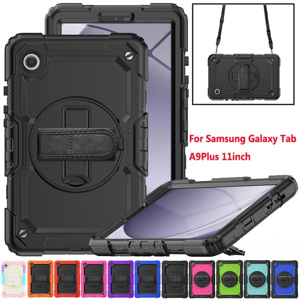 Hülle mit Bildschirmschutz für Samsung Galaxy Tab A9 plus 11 Zoll 2023 A9 + 360 Drehender Handgurt Kickstand Cover Rugged Stock Proof Armour Codes + Schultergurt