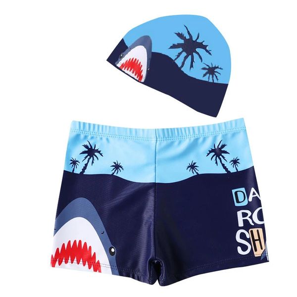 2024 Kinder Badebekleidung Jungen Schwimmstämme mit Schwimmkappe Cartoon Print Kids Beach Kurzdinosaurier Badeanzug Baby Kleidung 240508