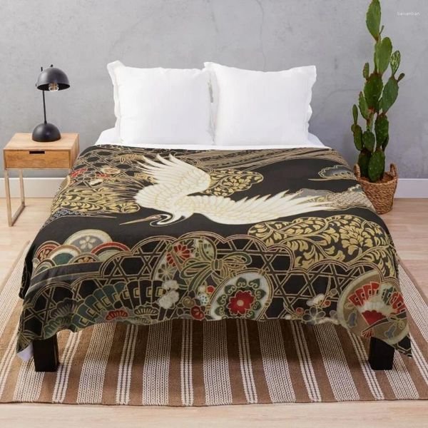 Cobertores vintageJapanese Cranes Gold e Black Throw Blanket Quilt