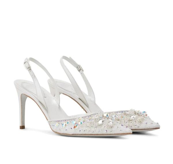 Bride Sandal Lady Heels Sandals Cenerentola Slingback Pompa con pizzo sexy abbellito cristallino Scarpe per abiti da sposa
