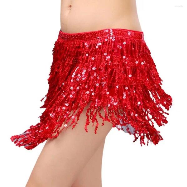 Gürtel Shorts Bauch Tanzrockkette Quaste Pailletten Pailletten Doppelschicht Schnüre-up Performance Mini Taille Wrap Latin Praxis kurz