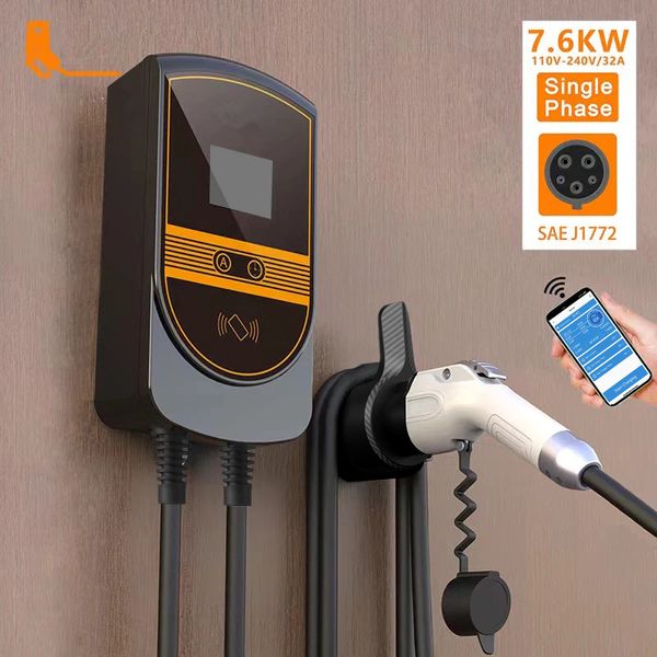 EVSE Wallbox J1772 Adaptador Tipo1 Cabo 32a 7.6kw EV carregador Tipo2 Poupa de Wallmount Station App Controle de aplicativo para carro elétrico