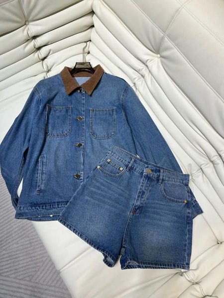 Damenjacken Denim Set 24 Frühlings-/Sommer -Vintage Spleiß Cordel Revers -Top Short Hosen locker und lässig