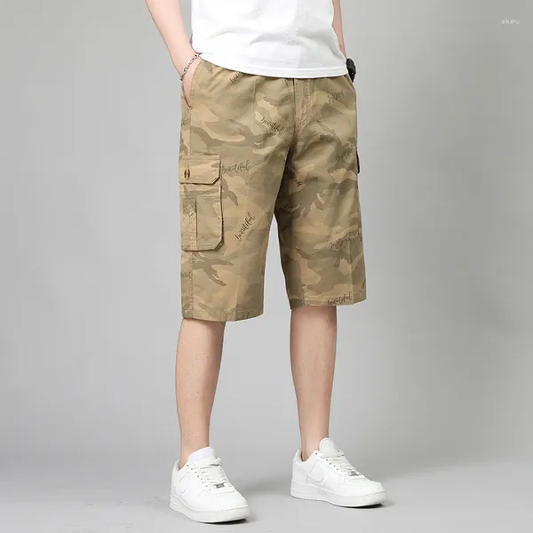 Calça de calça masculina Camuflagem de moda de moda Capri Pockets estilo safari de verão emendado