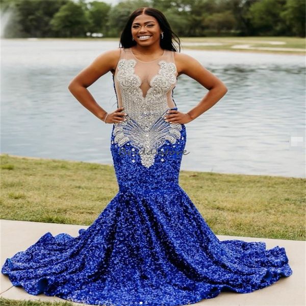 Glamblau Diamonds Prom Kleider 2024 funkelnde Pailletten Mermaid Abendkleid Perlen Asida African Geburtstagskleid Abiye Vestido de Fiesta Abito Nozze formelle Party