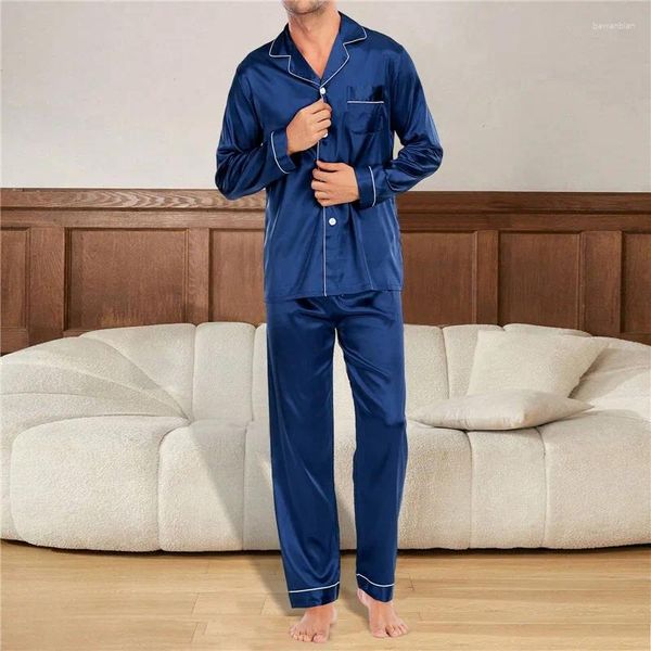 Heimkleidung Männer Pyjama Sets Eisseide Satin Pyjamas Turndown Kragen Nachtwäsche Langarm Frühlingsnachtmännchen männliche Nachthemd 2 Stücke