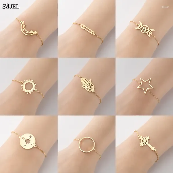 Link Armbänder Edelstahl Crescent Mode Sonnenmond Star Charm Armband für Frauen Hamsa Supernatural Jewelry Party Geschenke