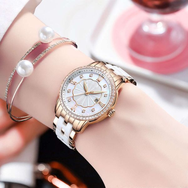 Nuovo marchio unico orologio ceramico in acciaio in acciaio Fashion Diamond Glow Movement Quart Watch Women's Watch Women Watch's Watch