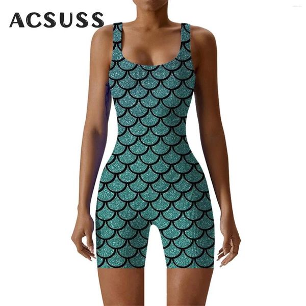 Damen Badebode Womens 3D Fish Scale Print Bodysuit ärmellose Shorts Badeanzug Surfen ein Stück Badeanzug Training Jumpsuit