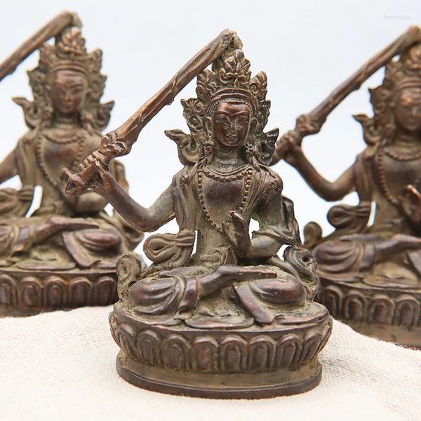 Estatuetas decorativas antigas de bronze tibetano budismo segurando espada manjushri bodhisattva estátua estátua china artesanato coleta de artesanato em casa