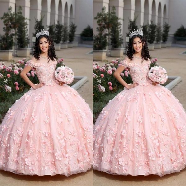 2022 abiti da quinceanera rosa chiaro modesti con fiori 3d Applique floreali in rilievo dalla spalla Sweet Abito da abbigliamento da abbigliamento da palla 297y