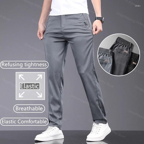 Calça masculina de primavera casual verão mole alongamento lyocell Fabric Elastic respirável ultrafina por calças cinzentas magras e cinza masculino macho