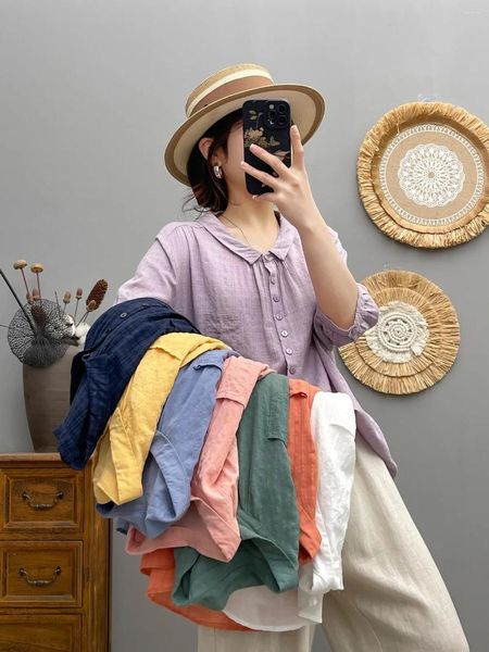 Camicette da donna top di grandi dimensioni camicie in filato di cotone e per donne in stile giapponese in stile a tre quarti di oversize a tre quarti di grandi dimensioni