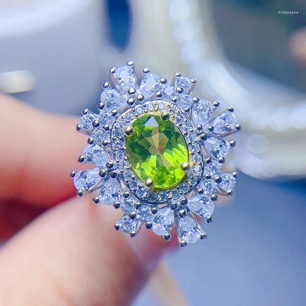 Anel de olivina natural do cluster para mulheres prata 925 jóias gemas de luxo pedras de ouro 18k Prazado de envio grátis para o presente da festa