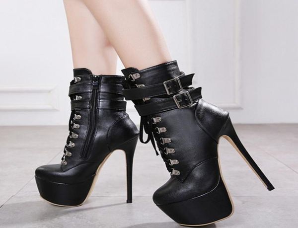 16 -сантиметровые женские ботинки с лодыжкой Super Platform High Heels The Black PU Кожаные дизайнерские ботинки размер от 35 до 402984159