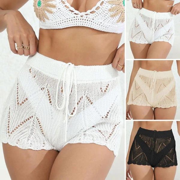 Kadın şortları kadın plaj örgü içi boş out see-through bringstring düz renkli bikini brifs mini yaz plaj kıyafetleri