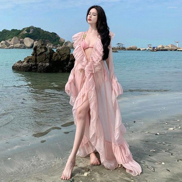 Abiti casual Boho Stile Maxi Abito Maxi Ruffles Maniche lunghe abito rosa Summer Cover Copertubi di copertura Manghi Manches Chauve Sourtis Femme