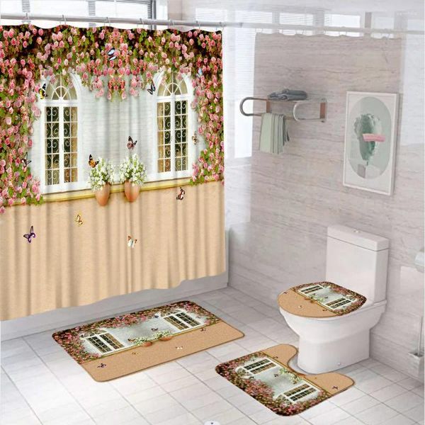 Tende per doccia 4pcs set di tende fiore di finestra da parete in pietra per il bagno in tessuto giardino farfalla da giardino da bagno tappetino da bagno