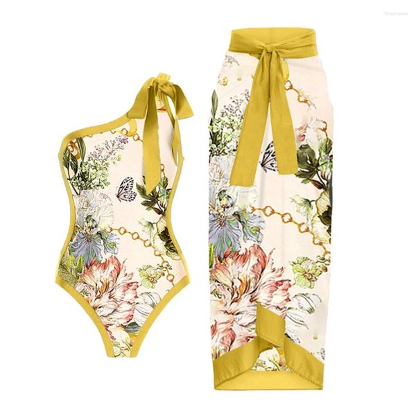 Damen Badebekleidung ein Schulterblumendruckstück Badeanzug und Rock gelbe Deckung Asymmetrischer Designer Badeanzug