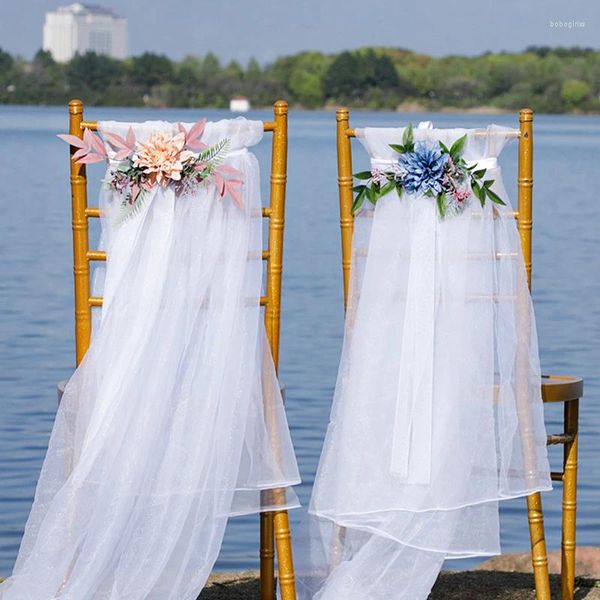 Flores decorativas Yan Cerimônia de casamento rústico Ailse azul branco Artificial Ribbon Cadeira de decoração Party Outdoor Bench