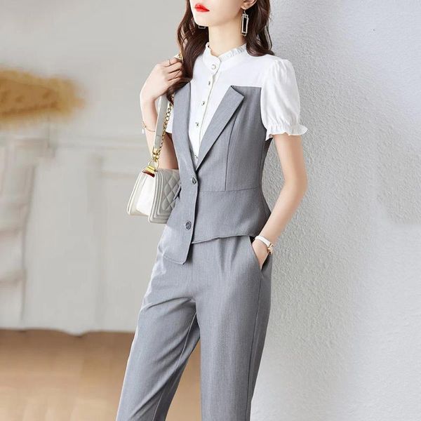 Zweiteilung der Frauen zweiteilige Hosen 2024 professionelles Sommer -Sommer -Set Blazer formelle Kurzarm Asymmetrische Slim Jacket Office Ladies Arbeitskleidung