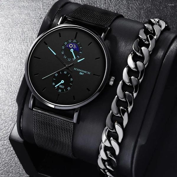 Armbanduhren 2pcs Herren -Geschäfte ruhen drei Augen Designer Digital Quarz Mesh Watch Modetrend Armband Set