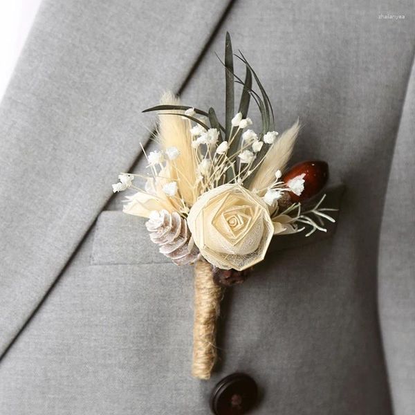 Broches Bouquet de Flores Seco Bounnieres para Groomsmen Corto Pino de Corto Men Men Homem Casamento Noivo Decoratio