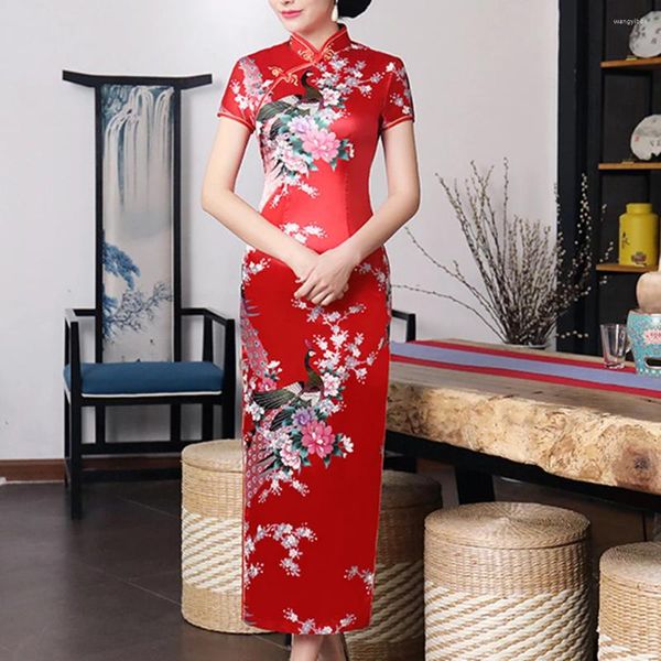Lässige Kleider einkaufen Frühling Satin Kleider Chinesisch Cheongsam Print Blume S-3xl Feste Farbe 1pcs Strickjacke ohne Elastizität