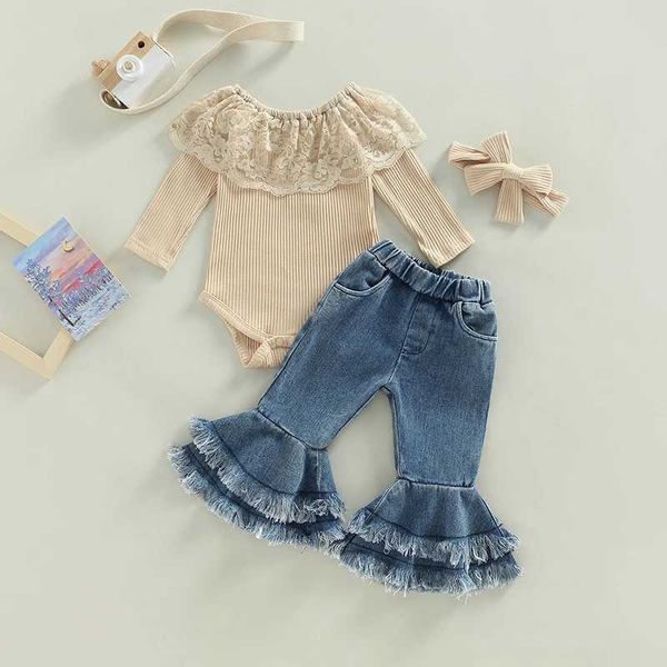 Kleidungsstücke Vorschulmädchen Babyanzug lang ärztes Rippen-Jumpsuit Denim Bellboden Stirnband 3-teiliger Schatz Baby Kleidung Setl2405