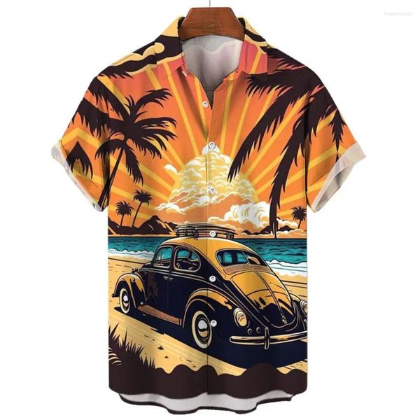 Herren lässige Hemden Hawaii Shirt Kokosnussbaum Beach Muster 3D Printed Tops Sommer Fashion Holiday Short Sleeves Revers Button Kleidung