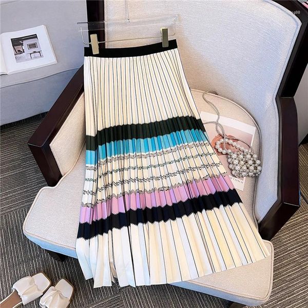 Röcke 2024 Sommer Herbst Vintage Stripe Rock Frauen Elastizität hoher Taille A-Line Mode Long Plisse Tutu Frau Welle