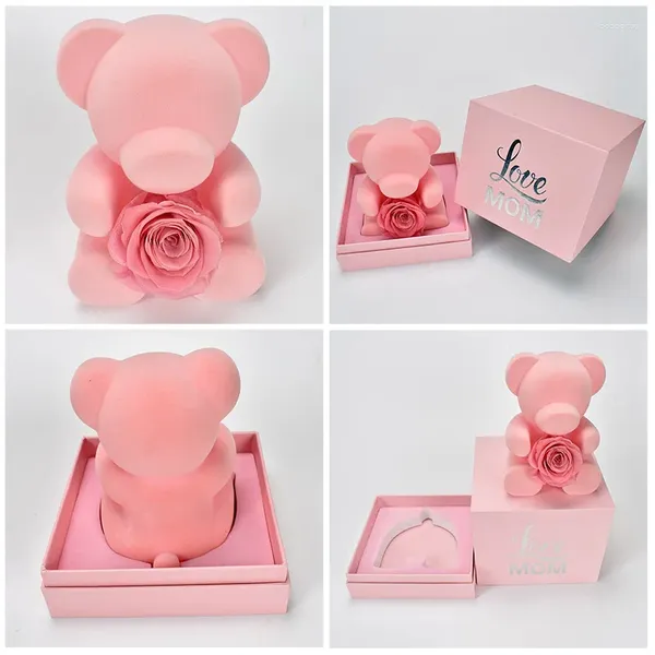 Декоративные цветы сохранили розопинк плюшевый мишка с подарочной коробкой розовой цветок в сердце для подруги Дня Святого Валентина