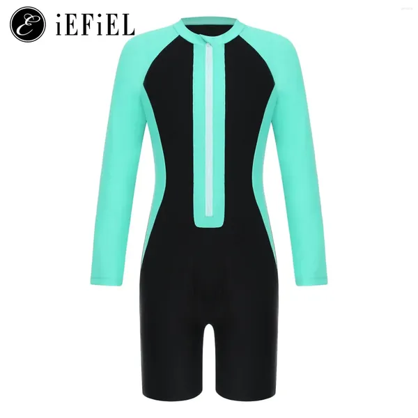 Meninas de banho feminina de meninos unsiex meninos de uma peça de boyleg de maiô de manga longa com zíper frontal shorty lets trave de praia de traje atlético Rashguard