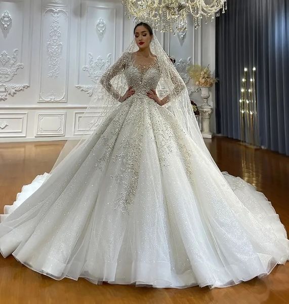 Vestido de noiva de estilo novo para noivas Scoop mangas compridas pérolas de bordado bordado de renda vestidos de noiva árabe dubai vestidos de novias