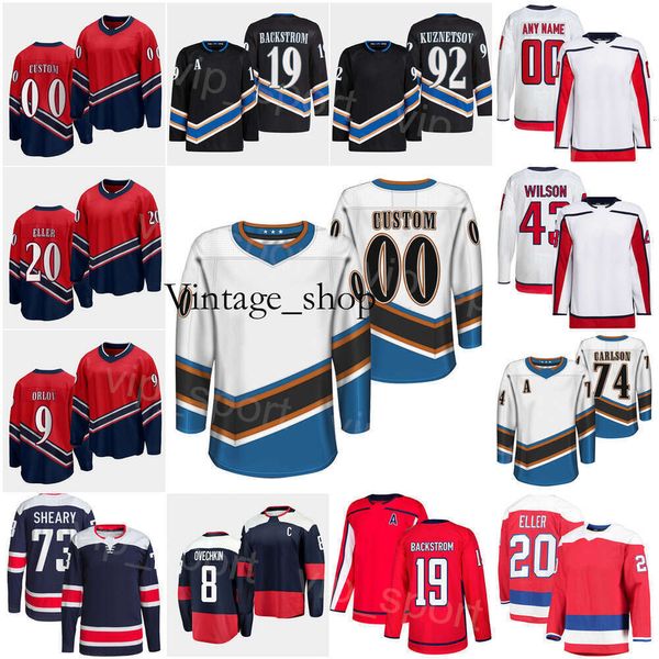 Vin homem jovem senhora reversa retro hóquei 43 Jersey Tom Wilson 30 Ilya Samsonov 74 John Carlson Alex Ovechkin Evgeny Kuznetsov Nicklas Backst Backst