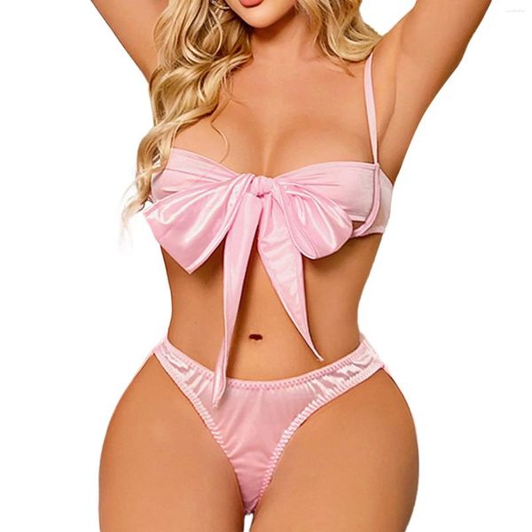 Reggiseni set rosa set di lingerie satinate da donna sexy biancheria bianche da 2 pezzi reggisella aperta mutandine senza cavallo lenceria erotica