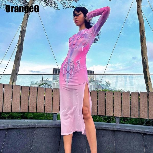 Lässige Kleider Orangeg rosa Absolventen voller Ärmeln Langes Kleid Frauen transparent Crew Hals Gothic Print Dünne Schlitz -Cartoon Fantasie atmungsaktiv