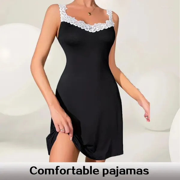 Moda de sono feminina Summer White Lace Suspender Patchwork Dress Black Satin Pijamas caseiro sexy
