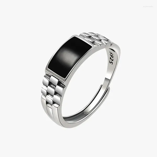 Clusterringe 925 Silber Unique Black Stone Geometrische Rechteck für Frauen Männer fein Schmuck Verstellbare Vintage Ring Party Accessoires